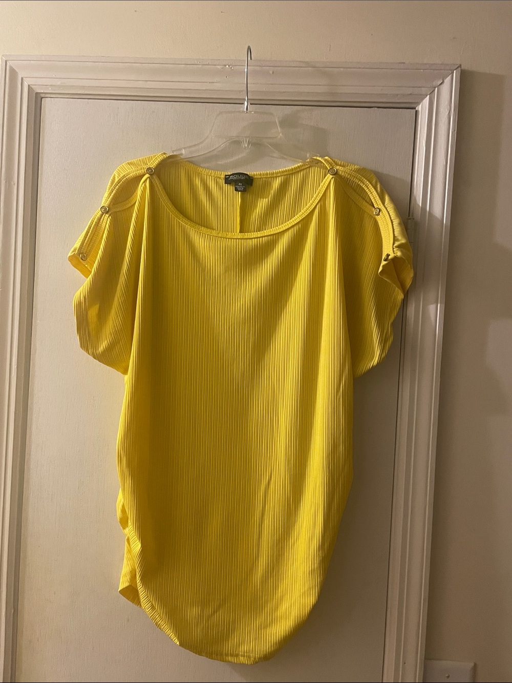 Rouge! Bright Yellow Ribbed Short Sleeve Top with Button Shoulder